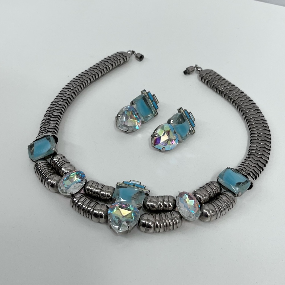Vintage Zoe Coste Necklace Earrings Set Heart Crystal Blue Silver Metal Necklace